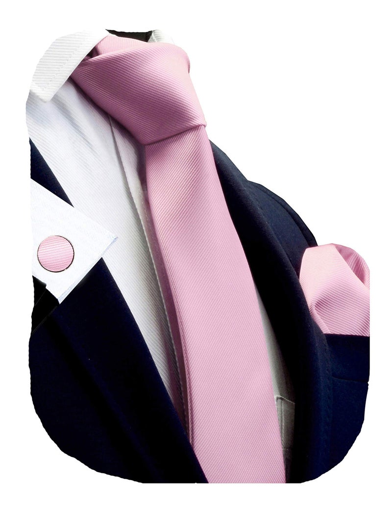 GUSLESON Brand Men's Tie Sets Solid Ties for Men Silk Light Pink Neckties and Pocket Square Cufflinks (0789-17) - Image 1